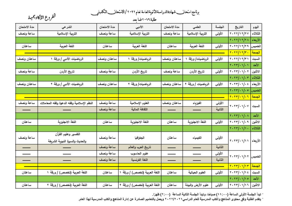 التربية والتعليم تعلن عن برنامج الدورة التكميلية لشهادة الثانوية العامة 4 برنامج الدورة التكميلية للامتحان العام لشهادة الدراسة الثانوية العامة