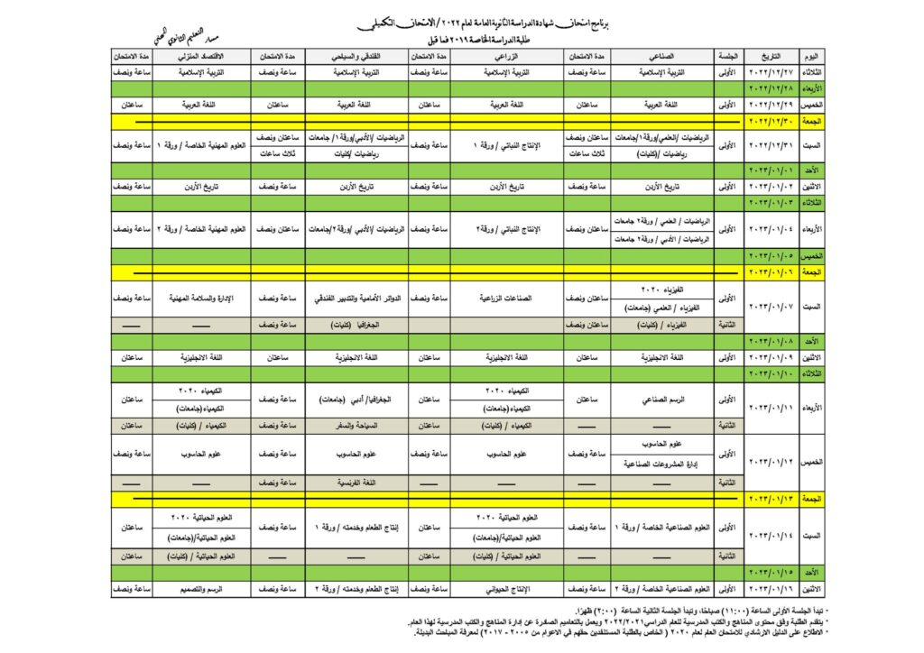 التربية والتعليم تعلن عن برنامج الدورة التكميلية لشهادة الثانوية العامة 3 برنامج الدورة التكميلية للامتحان العام لشهادة الدراسة الثانوية العامة