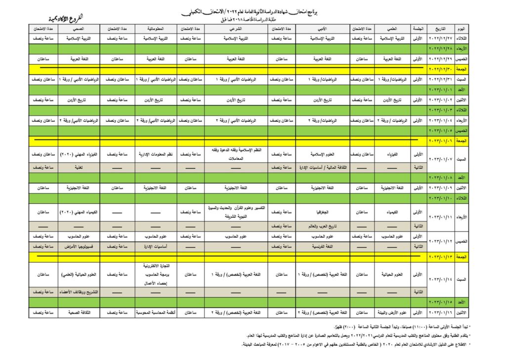 التربية والتعليم تعلن عن برنامج الدورة التكميلية لشهادة الثانوية العامة 2 برنامج الدورة التكميلية للامتحان العام لشهادة الدراسة الثانوية العامة